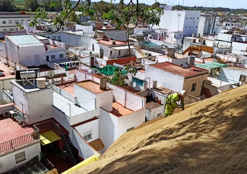 Un operario realizando trabajos de contención en el Cerro de San Juan - Ayuntamiento de Coria del Río