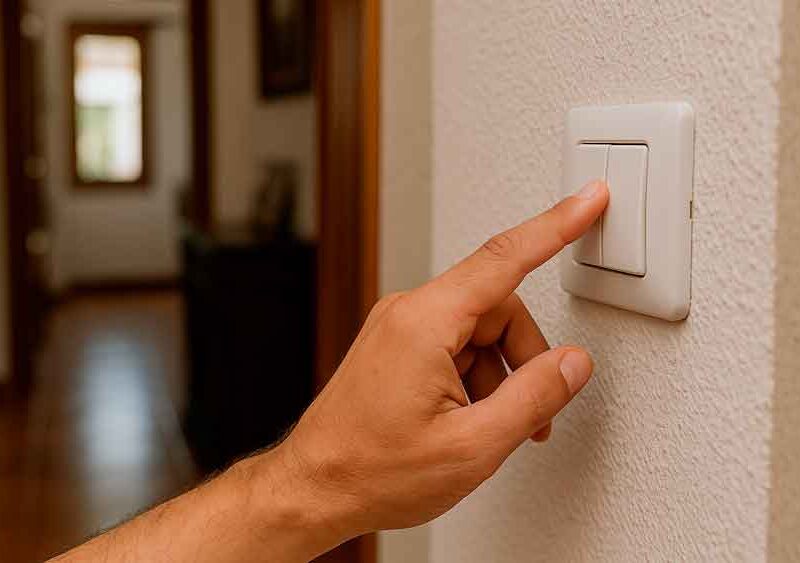 Plano detalle de una mano encendiendo un interruptor de luz en una casa española con decoración tradicional, simbolizando el control del consumo energético