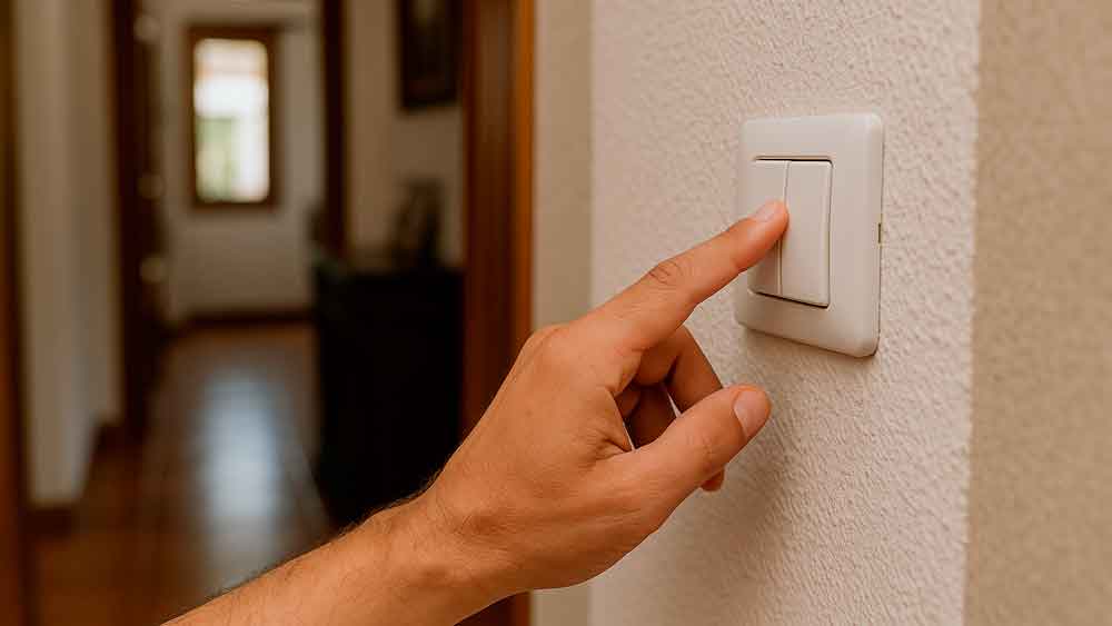 Plano detalle de una mano encendiendo un interruptor de luz en una casa española con decoración tradicional, simbolizando el control del consumo energético