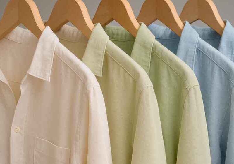 Camisas de lino en tonos pastel, colgadas en perchas de madera.