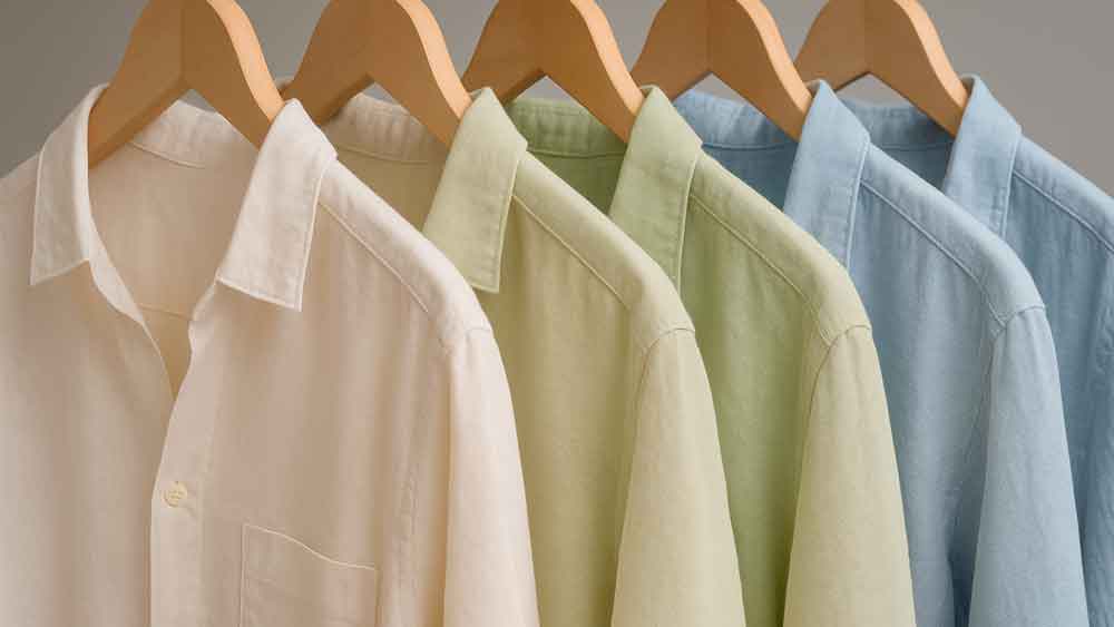 Camisas de lino en tonos pastel, colgadas en perchas de madera.