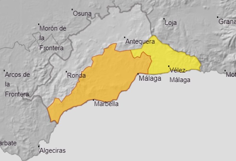 Mapa de Aemet con los avisos por calor activos hoy en Málaga