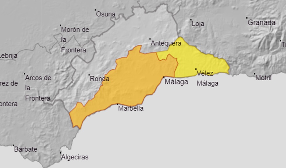 Mapa de Aemet con los avisos por calor activos hoy en Málaga