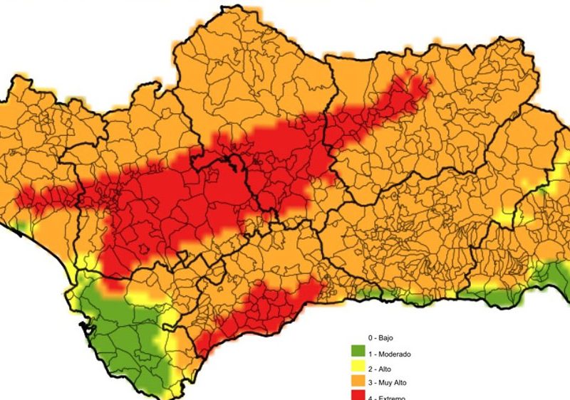 Mapa de índice de riesgos forestales en Andalucía este fin de semana. - Plan INFOCA