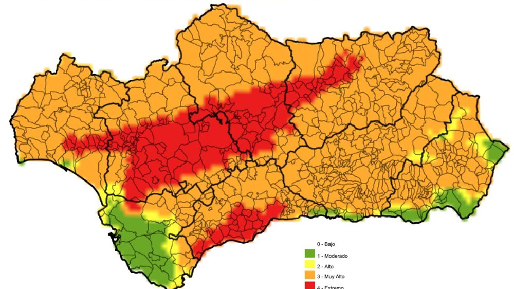 Mapa de índice de riesgos forestales en Andalucía este fin de semana. - Plan INFOCA